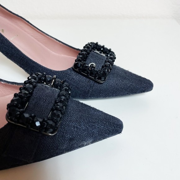 Prada Black Tweed Beaded Buckle Kitten Heels Size 35 - Picture 6 of 10